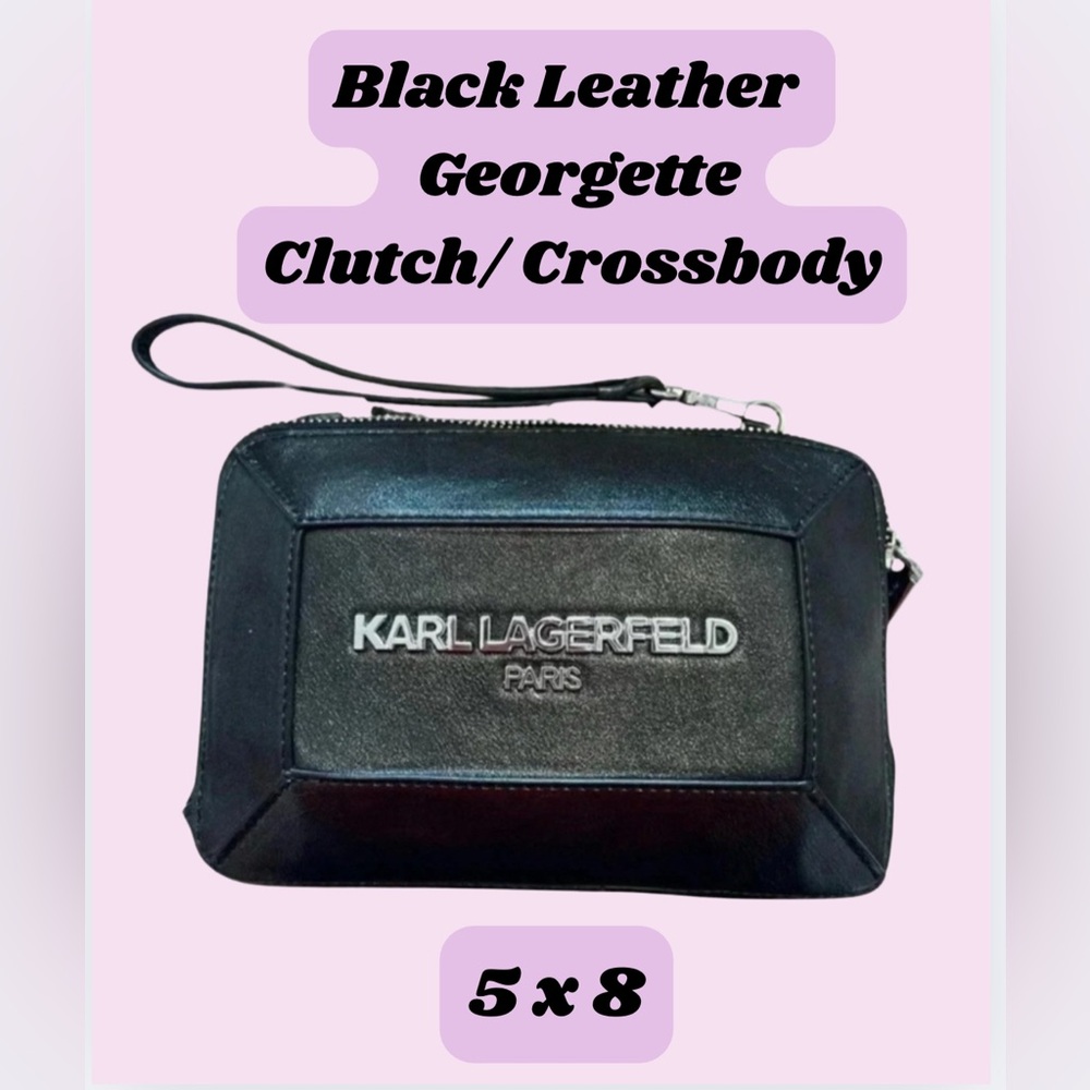 Karl Lagerfeld Black Leather Paris Georgette Clutch Bag with Crossbody Strap